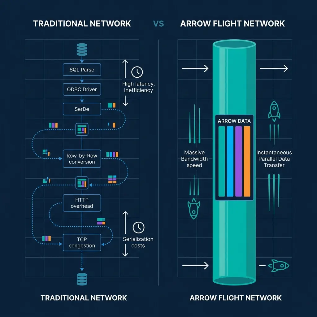 Arrow Flight RPC versus traditional REST/ODBC protocols over a network