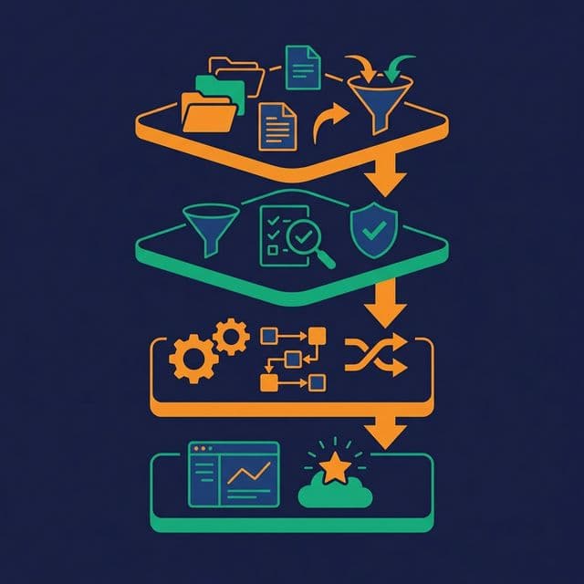 Data pipeline architecture with four layers flowing from ingestion through staging, transformation, and serving